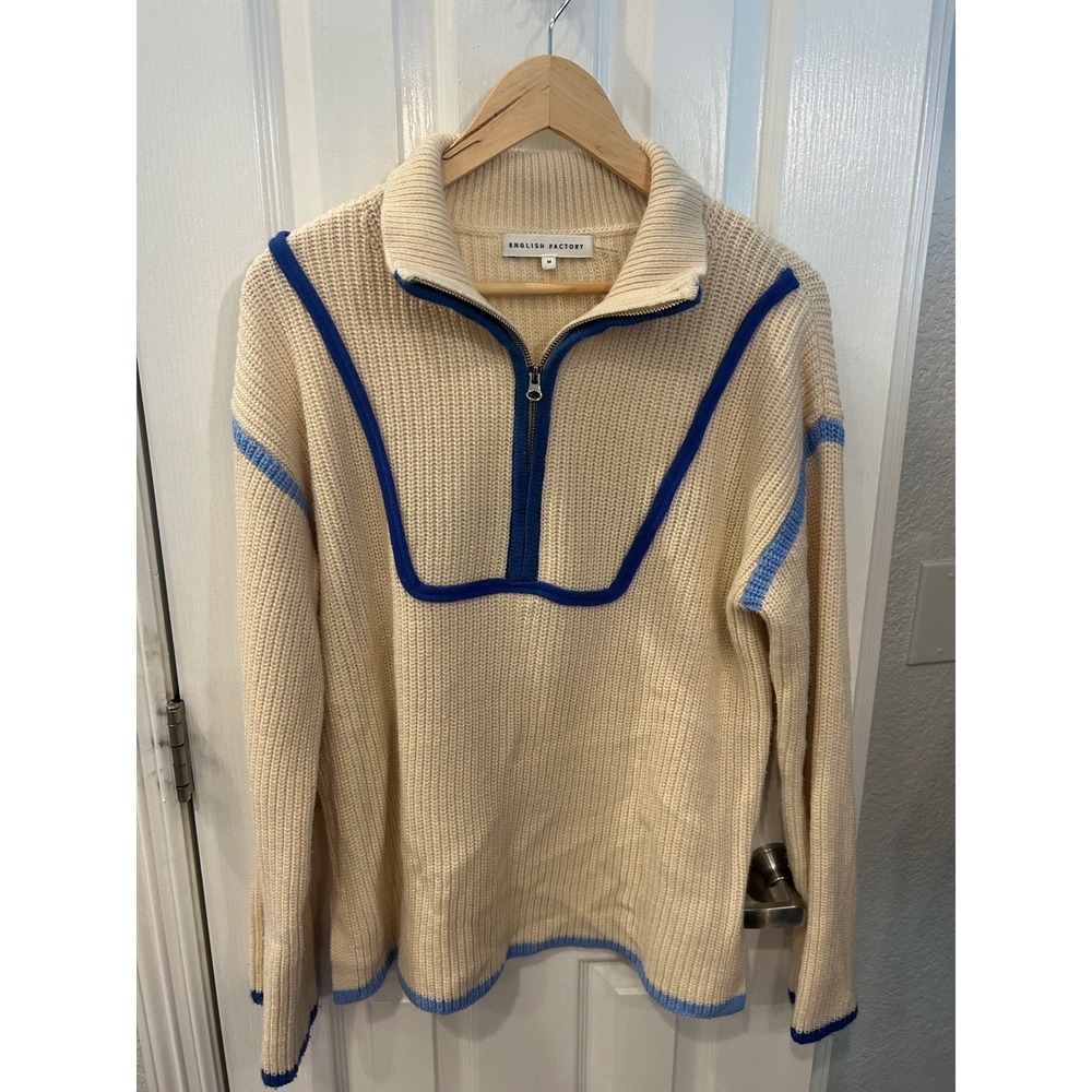 💎 English Factory Quarter Zip Sweater Cream Blue Ribbed Knit Pullover